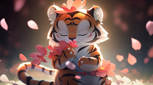 闻着花朵的可爱的卡通小老虎背景图片