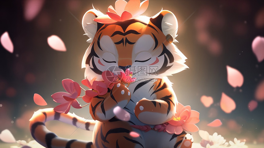 闻着花朵的可爱的卡通小老虎图片