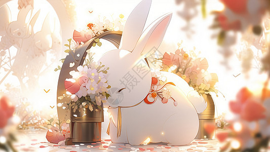 正在闻花朵的可爱的卡通小白兔图片