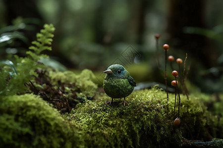 保护鸟类停留在苔藓上的小鸟插画