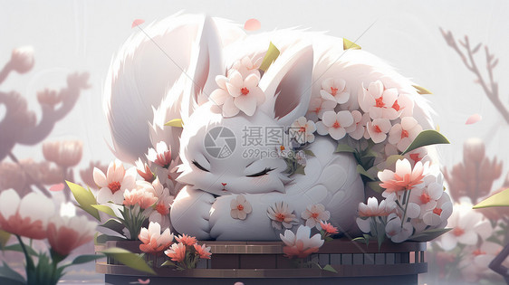 趴在花坛上睡觉的可爱的小白兔图片