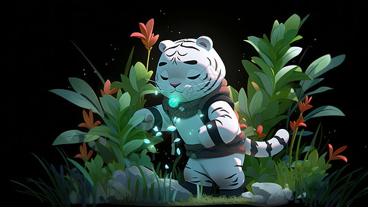 夜晚在森林行走的卡通白老虎背景图片