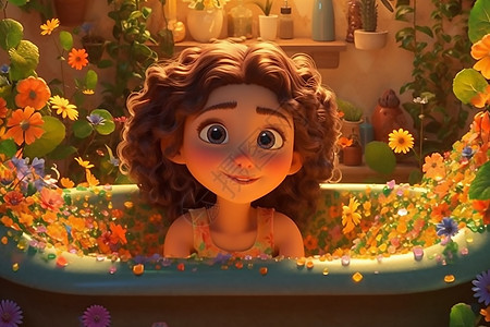 浴缸里可爱的小女孩被花朵包围图片
