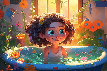 浴缸里可爱的小女孩被花朵包围图片