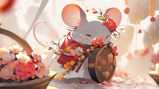 闻着花朵的可爱的卡通小老鼠图片