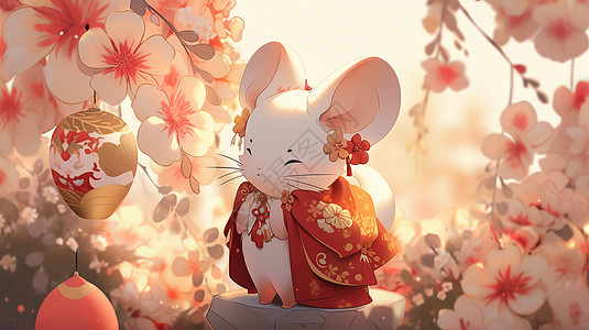 老鼠耳朵可爱的卡通大耳朵老鼠欣赏着美丽的花朵插画
