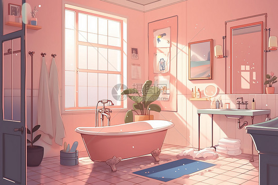 动漫风格淡粉色浴室浴缸图片