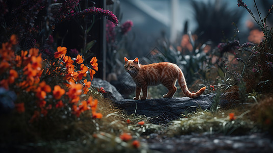 小橘猫在花丛行走图片