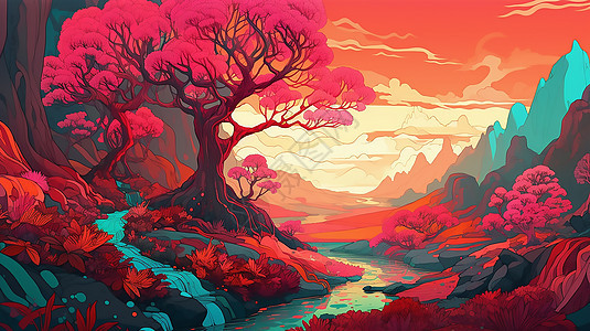 红色装饰风景树木绘画图片