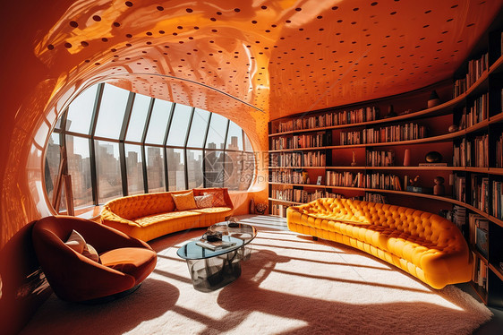 橘橙色休闲书房别墅室内设计图片