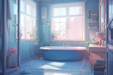 蓝色浴室浴缸动漫风格柔和数字艺术图片