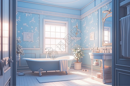 动漫风格蓝色浴室浴缸柔和数字艺术图片