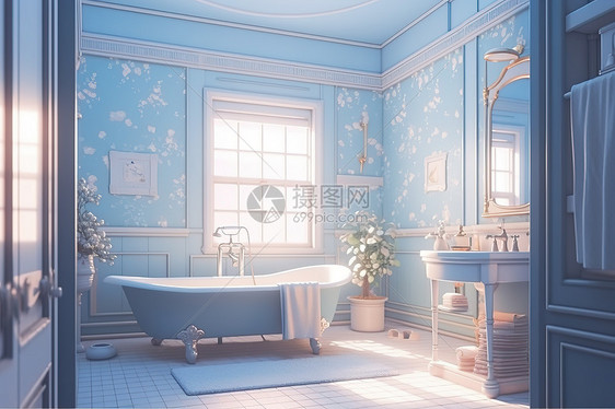 动漫风格蓝色浴室浴缸柔和图片