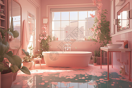 动漫风格家居设计粉色浪漫浴室浴缸背景图片