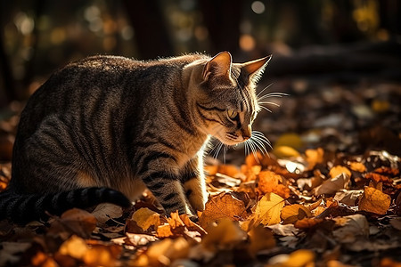 秋天落叶草地上玩耍的猫图片