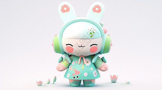 穿着绿色小花裙戴着耳麦的卡通小白兔IP图片