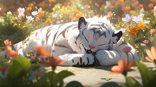 在花丛中趴着睡觉的的老虎背景图片