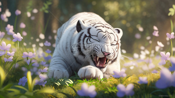 趴在草丛中可爱的白虎图片