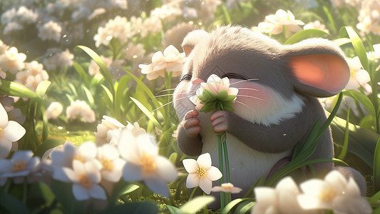 在花丛中闻花朵的可爱的小老鼠背景图片