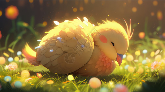 在草丛中一只可爱的黄色卡通小鸡背景图片