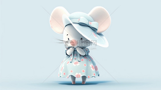 穿着蓝色小花裙的卡通小白鼠图片