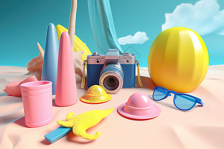 3D沙滩度假彩色静物图片