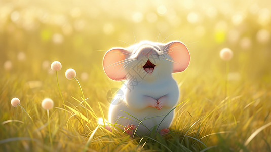 一只站在草丛中大笑的小白鼠温馨的景象图片