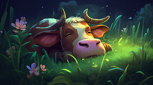 草地上睡觉的牛背景图片