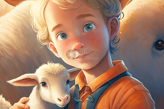 抱着小羊的小男孩迪斯尼风格图片