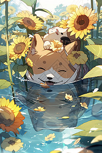 可爱的柴犬在水里玩耍被向日葵包围动漫风格图片