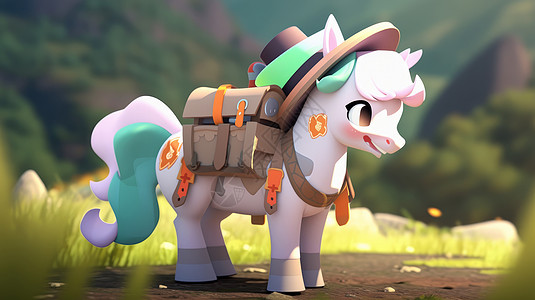 新马,背上行李去徒步的可爱的卡通小白马数字艺术插画