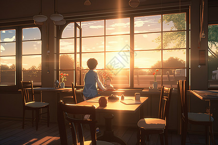 早晨在窗前看风景的男孩动漫风格图片