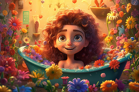 浴缸里被花朵包围的女孩皮克斯风格背景图片