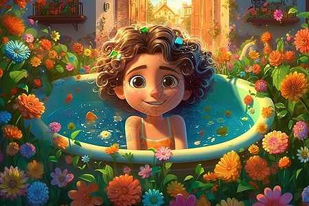 浴缸里被花朵包围的女孩皮克斯风格图片