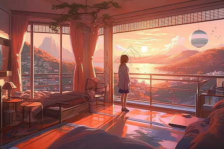 旅行路上的风景在卧室里享受日落风景的女孩动漫风格插画