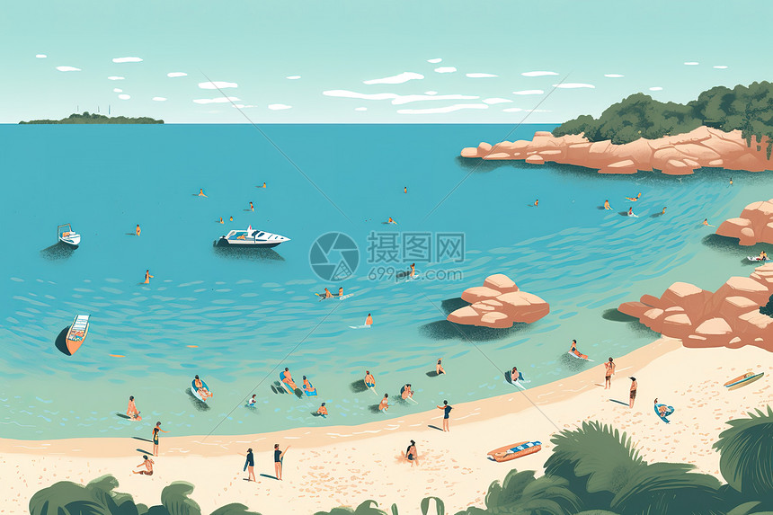 夏日沙滩快乐游玩插画图片