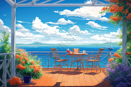 宫崎骏风格夏天海边的餐桌图片