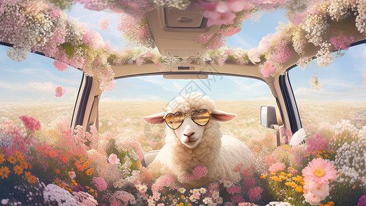 戴着眼镜被粉色花朵包围的小羊图片