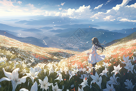 春天满山花朵女孩站在山上新海诚风格图片