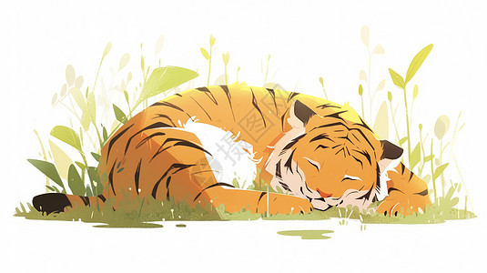趴在草丛里睡觉的卡通老虎图片