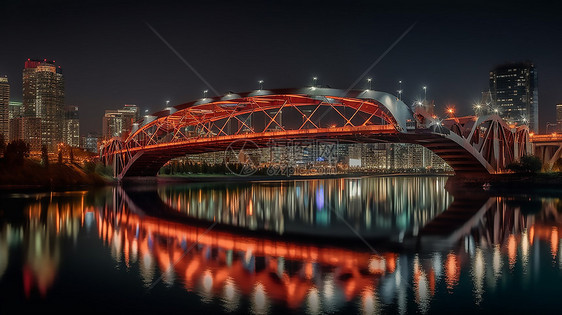 夜晚亮满霓虹灯的桥梁图片