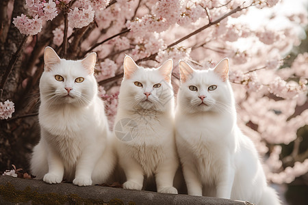 春日花朵下的白色猫咪图片