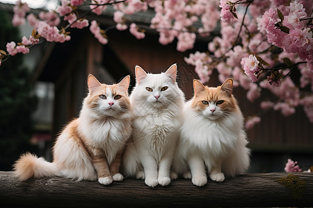 春日花朵下的白色猫咪图片