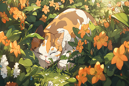 可爱的小猫在花丛中插画图片