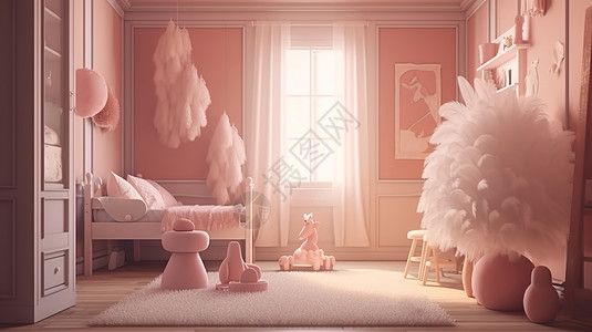 儿童房粉色温馨场景图片