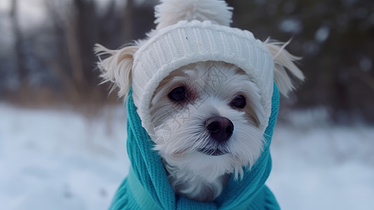 冬天戴着帽子和围巾的小狗正面肖像图片