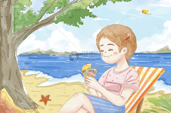 立夏时节坐在海边吹海风吃着冰激凌的女孩图片