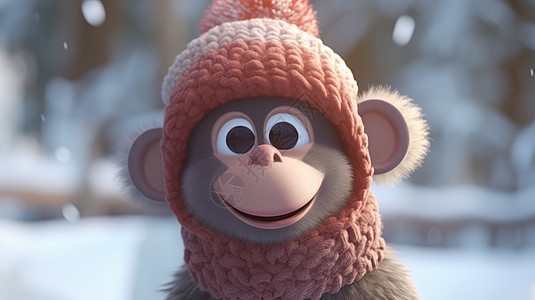 卡通小猴戴着红色的毛线帽子图片
