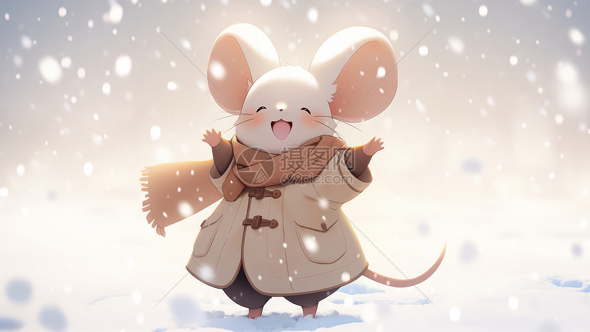 站在雪里穿着风衣可爱的小白鼠图片