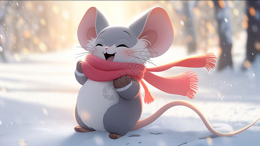 站在雪地里戴着红围巾可爱的小老鼠图片